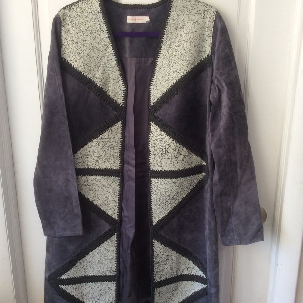 Tory Burch Grey Suede Cracked Leather Panel Coat L